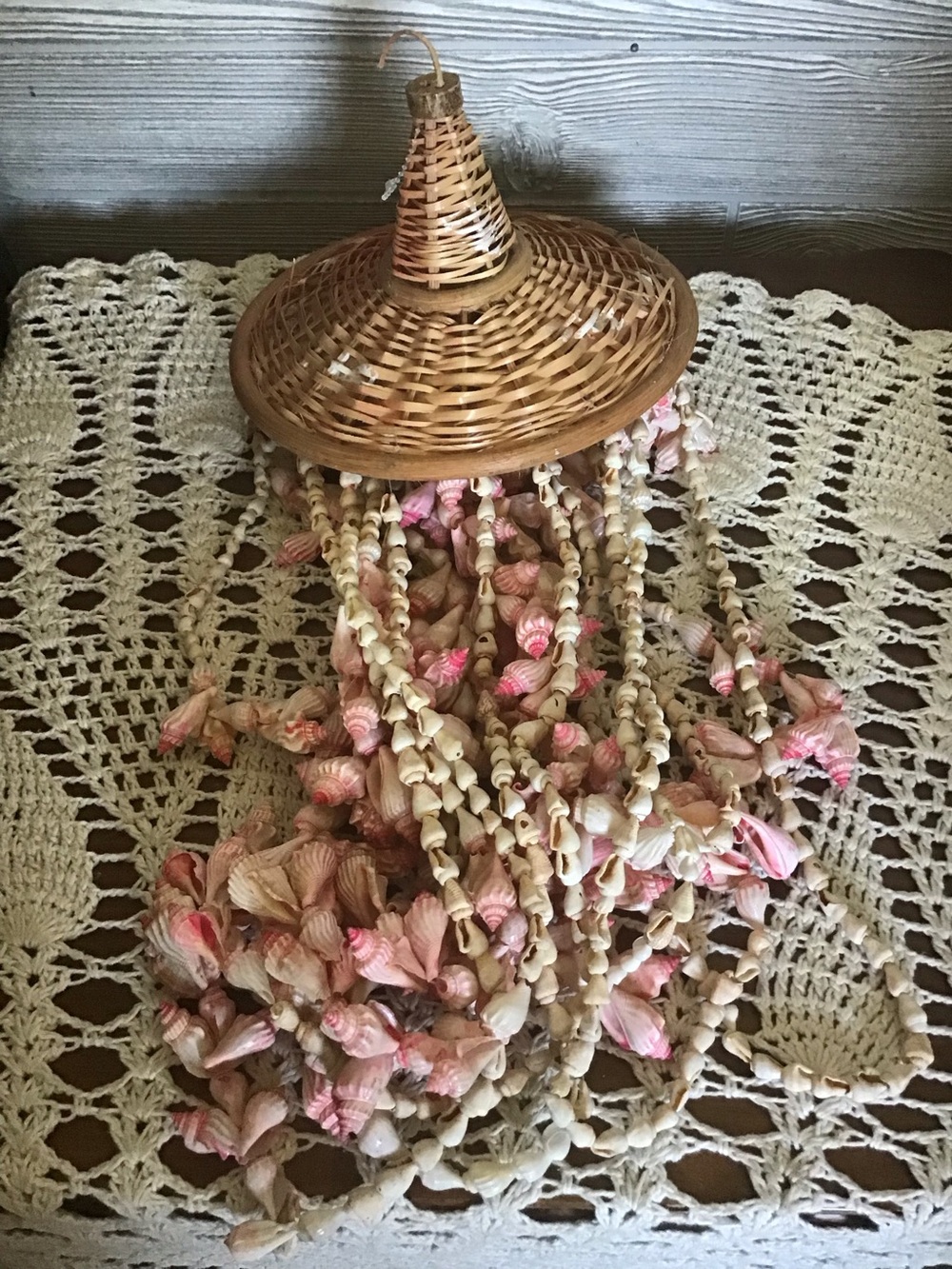 Woven Rattan Hanging Shell Chime with Pink-Toned Shells